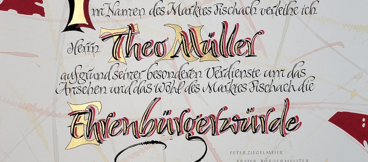 Kalligrafie Ehrenbuergerurkunde in Rot, Schwarz und gold