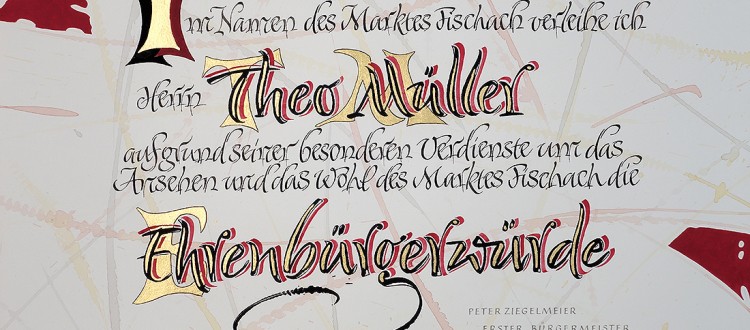 Kalligrafie Ehrenbuergerurkunde in Rot, Schwarz und gold
